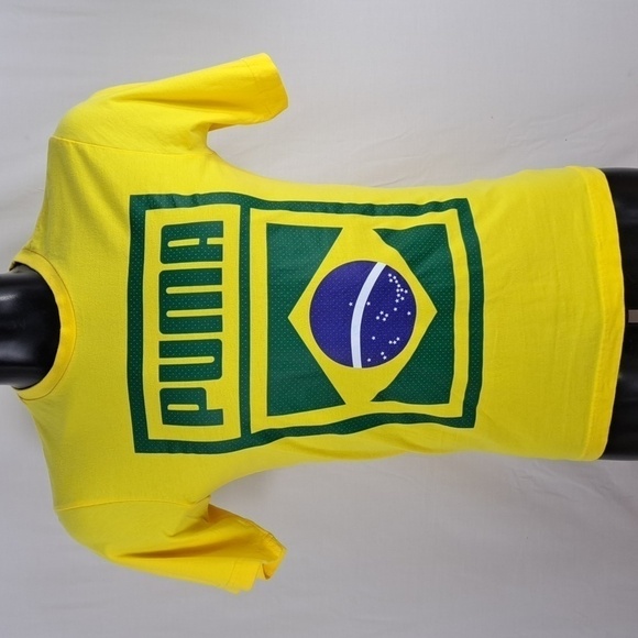 Puma Brazil Soccer spell out flag yellow & green SM casual summer t-shirt - Picture 2 of 5